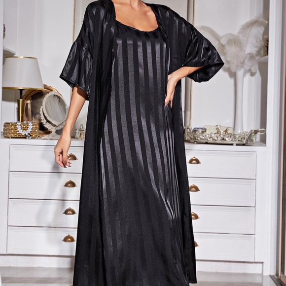 Striped Flounce Sleeve Open Front Robe and Cami Dress Set - Picture 3 of 11